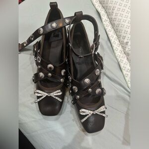 Free People Brown Studded Ankle Strap Flats with Crystal Bows